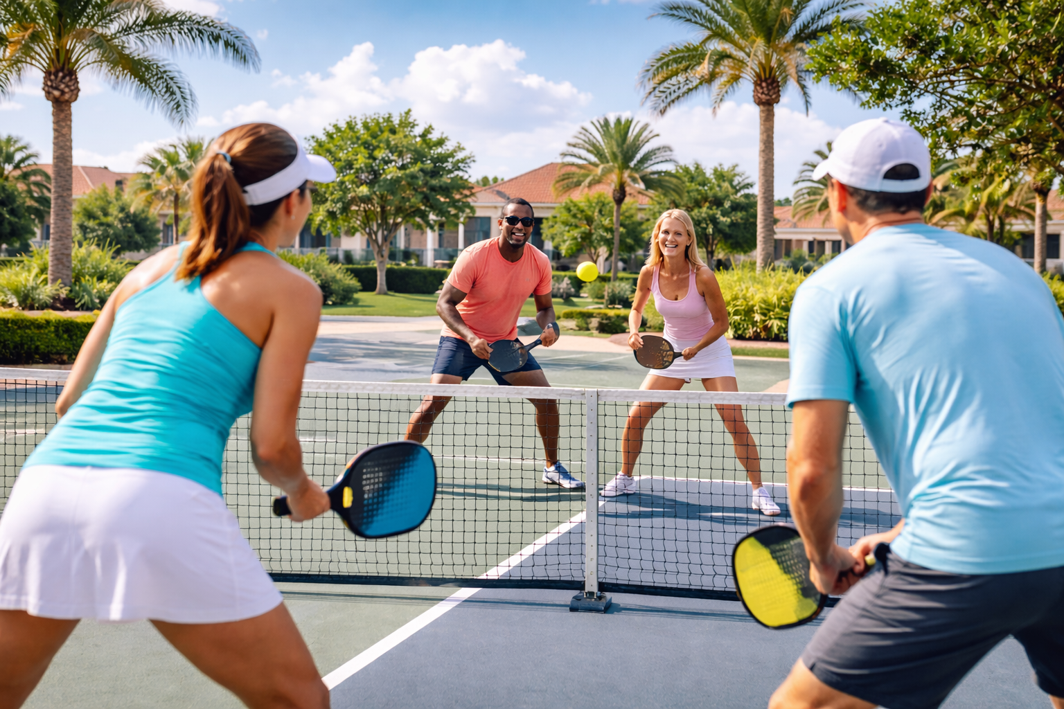 Outdoor pickleball courts with players enjoying a game on a sunny day